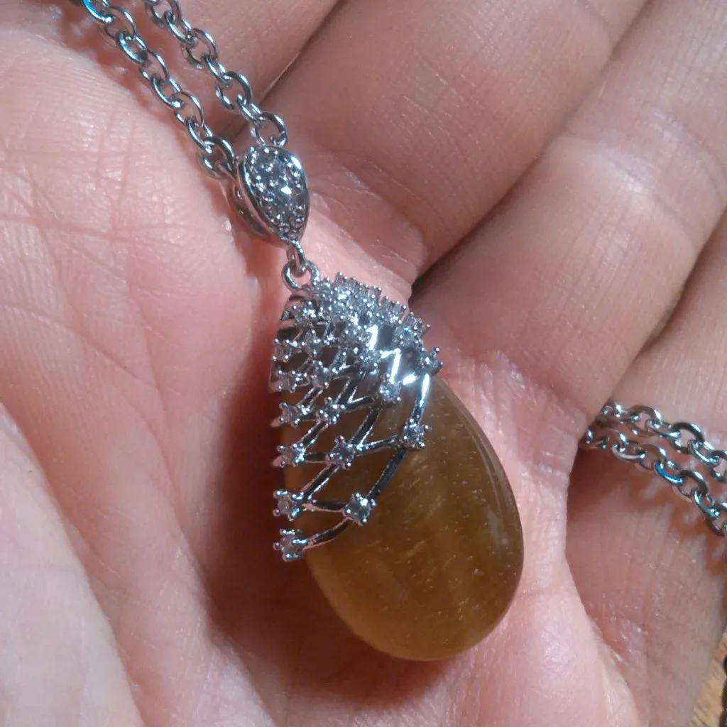 Netted Tiger's Eye and White Zircon Silvertone Pendant Stainless Steel Necklace - Image 13