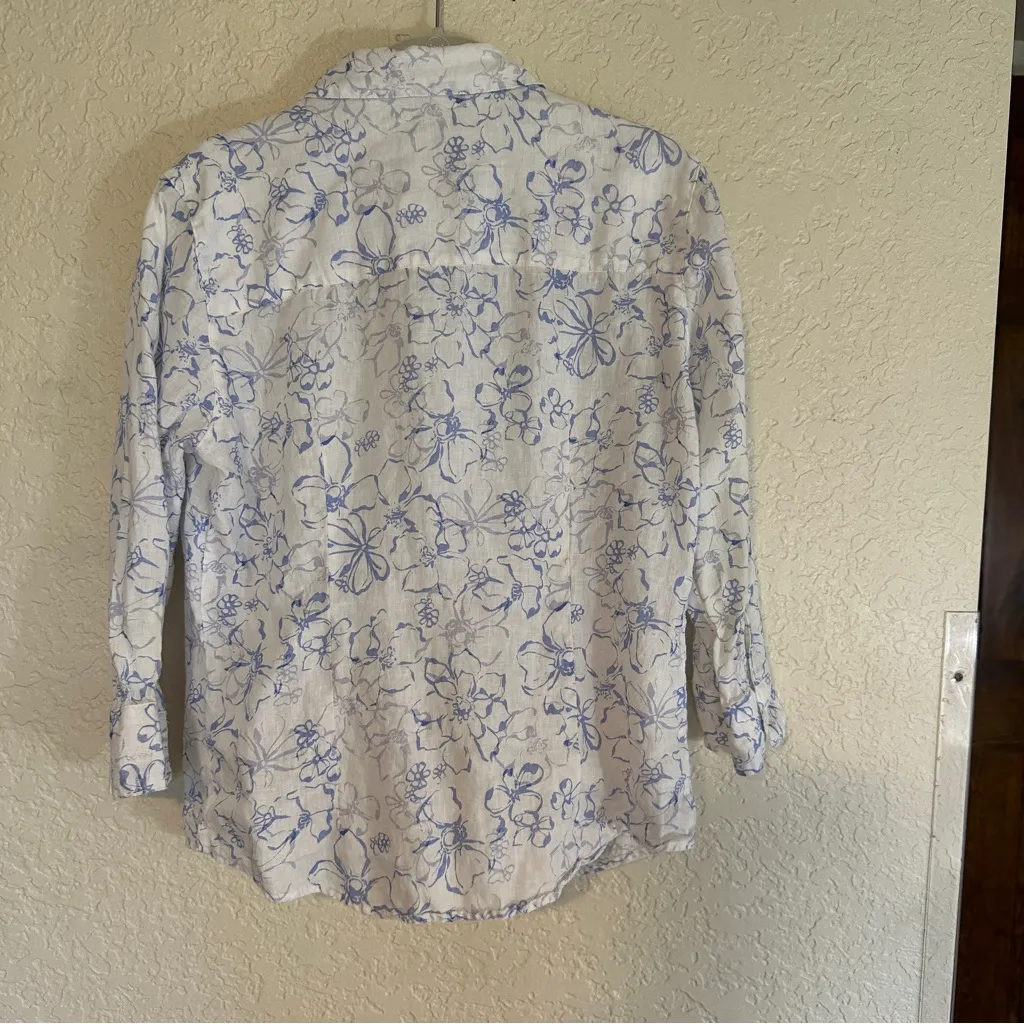 LL Bean Top Womens Small Floral Blue White Linen‎ Button Up 3/4 Sleeve Shirt - Image 6