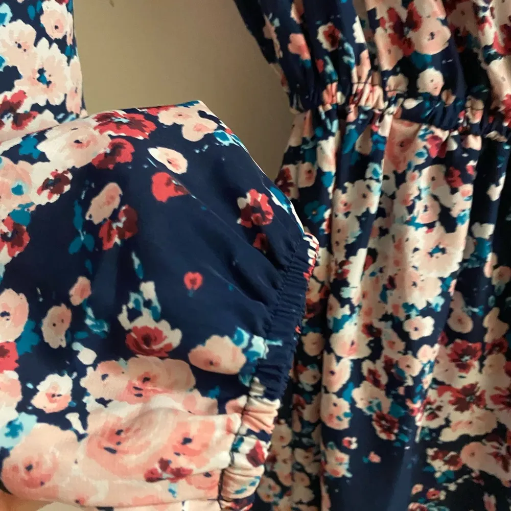 Rue 21 Women’s Dress S Small Floral Pattern Navy Blue Pink Red V Neck Bust 34” - Image 5