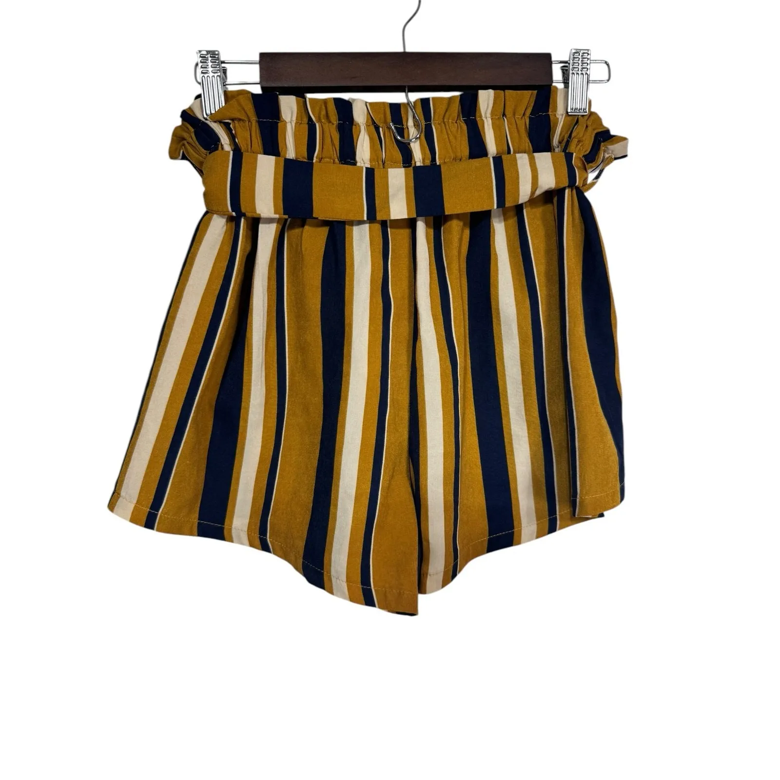 Shein Mustard Navy Striped Tie Waist‎ Paperbag Shorts Women's Size Large - Image 4