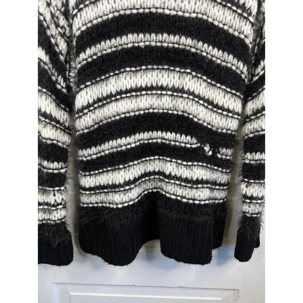 Topshop Black White Striped Crew Neck Fuzzy Chunky Knit Sweater Sz S Oversized - Image 3