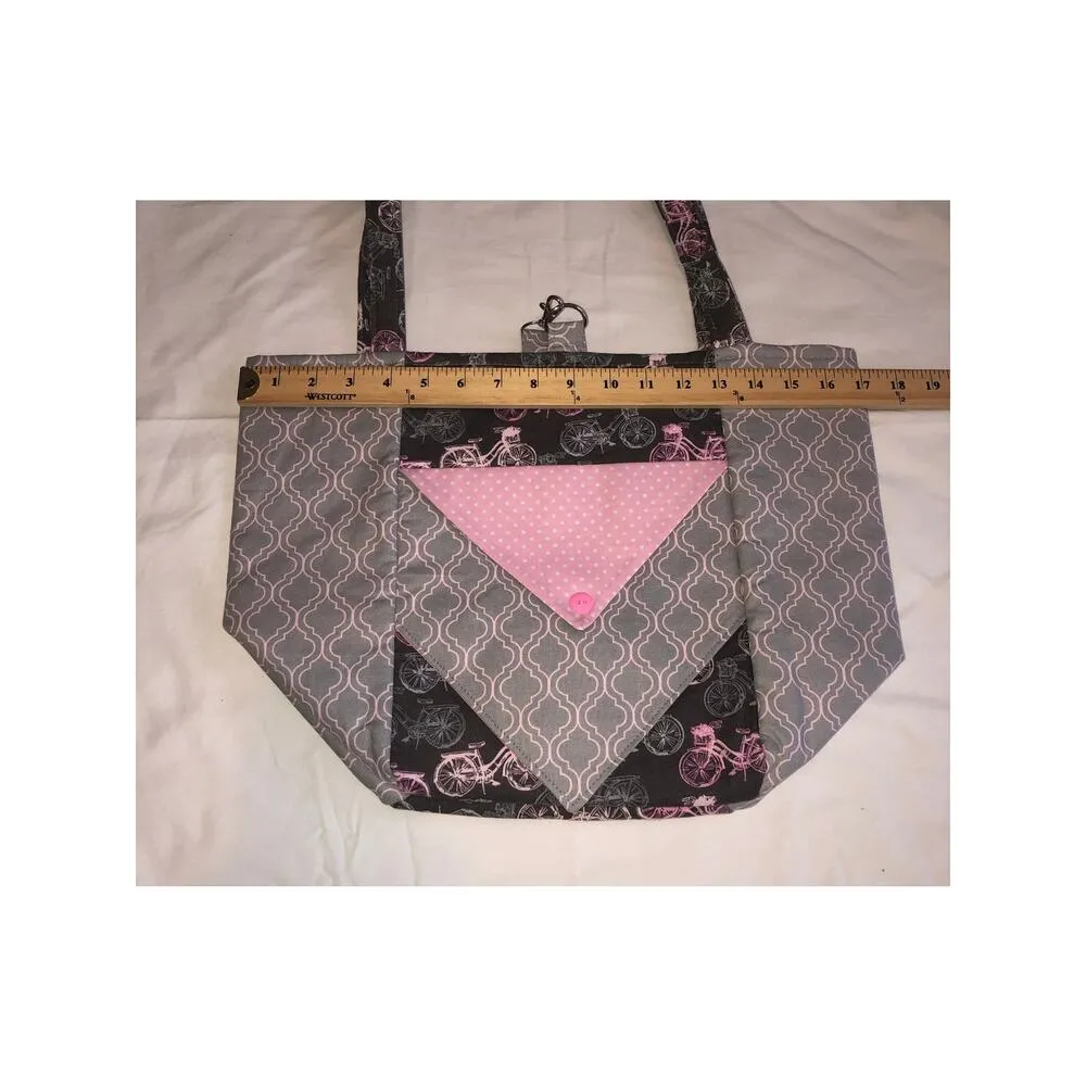 Bag Shoulder Tote Handmade Bicycle Print Pink Gray Blue New Fabric Lightweight - Image 6