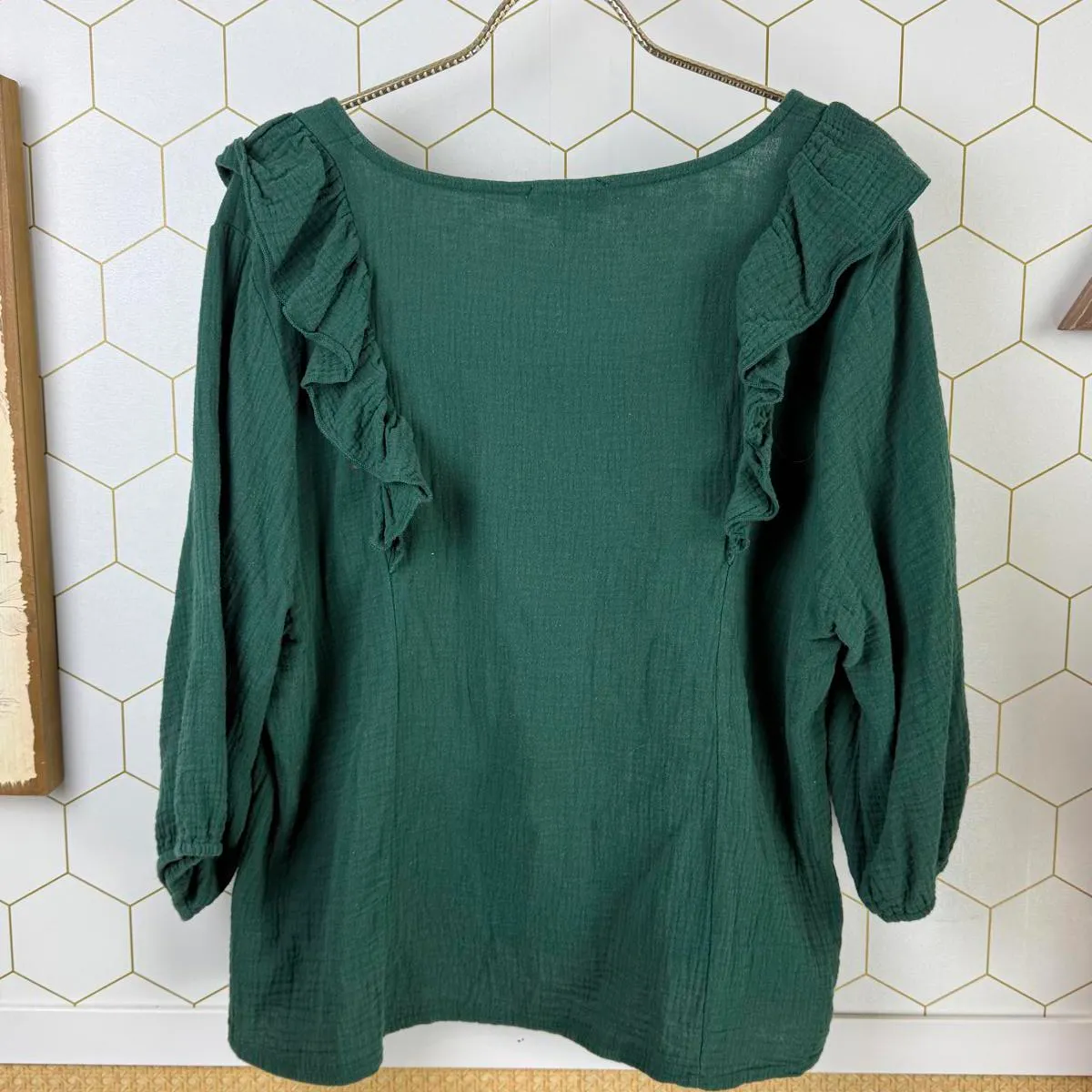 Evereve Dark Green Francine Ruffle Elbow Length Gauze Top - Size - Large - Image 3