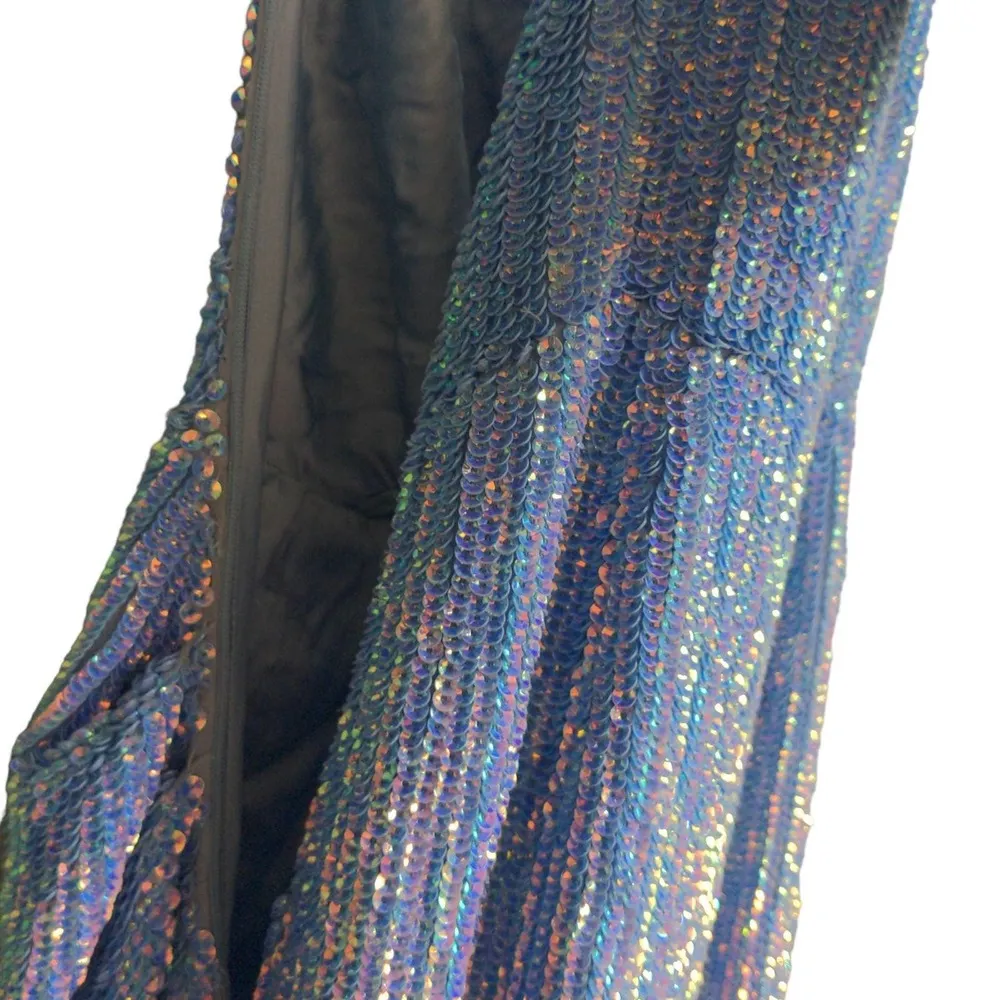 Retrofete Katya Sequin Gown Iridescent Blue Ruched Maxi Dress Sparkle XS FLAW - Image 4