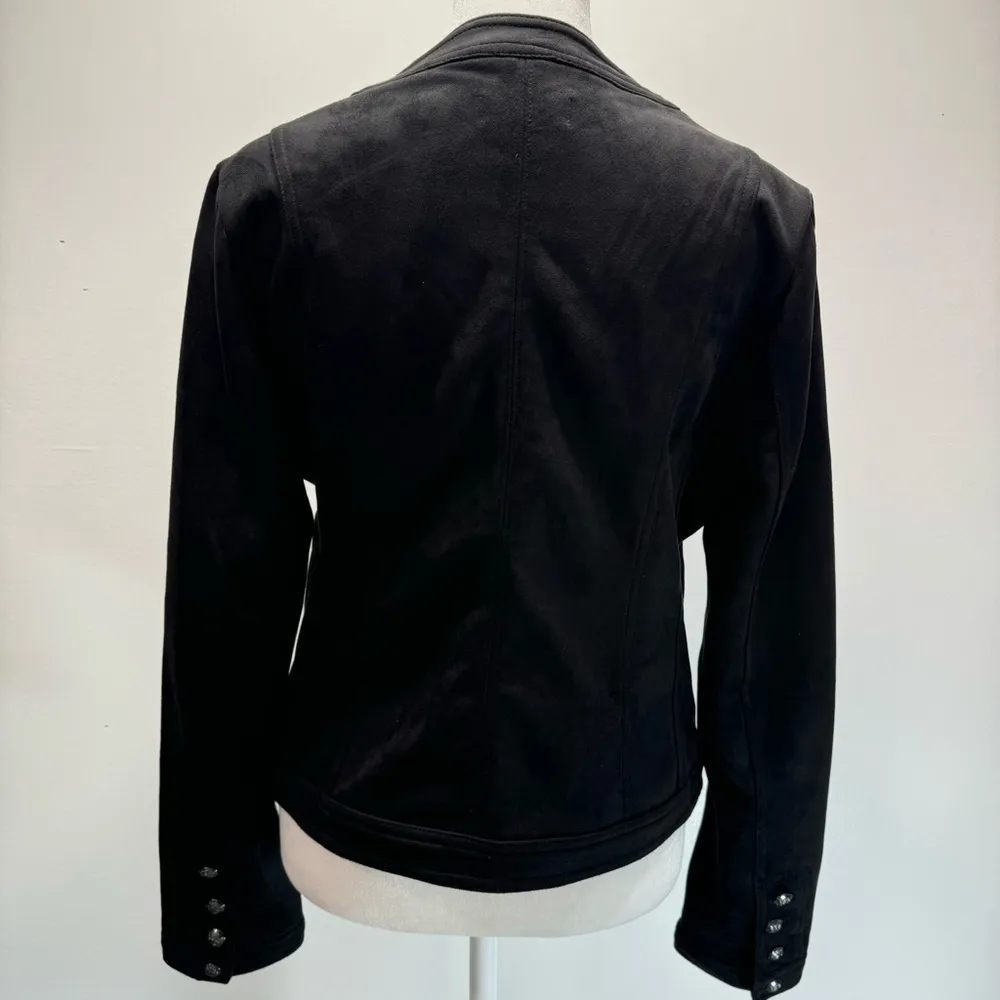 Black Faux Suede Military Style Jacket with Pockets Carmen Marc Valvo Size Small - Image 9