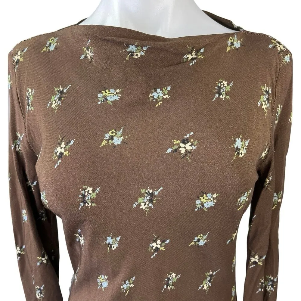 NEW Topshop Brown Ditsy Floral Print Satin Slip Long Sleeve Slim Maxi Dress Sz 2 - Image 9