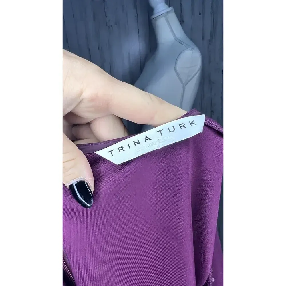 Trina Turk Women's Size 6 Burgundy V-Neck Puff‎ Sleeve Knee Length Dress - Image 6