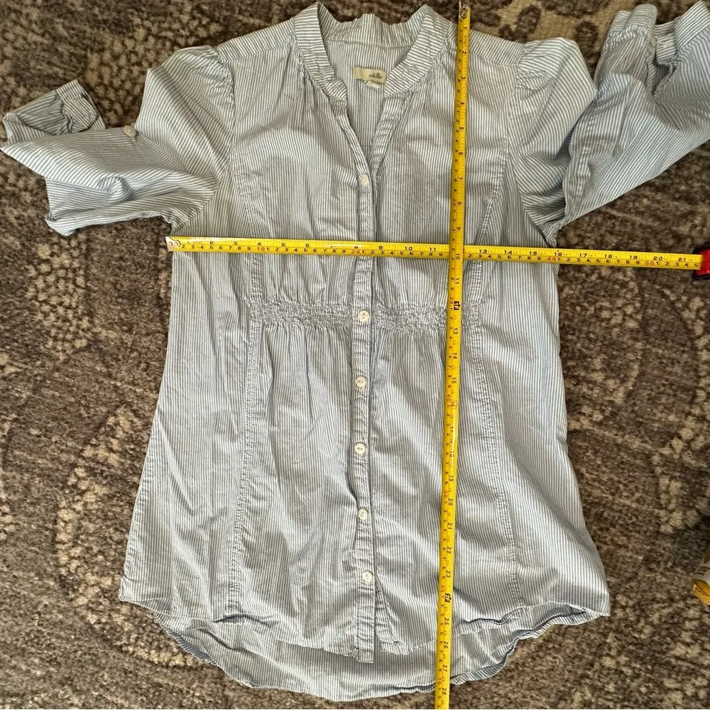 Odille Anthropologie Sz 2 Blue White Pinstripe Gathered Waist Button Down Shirt - Image 6