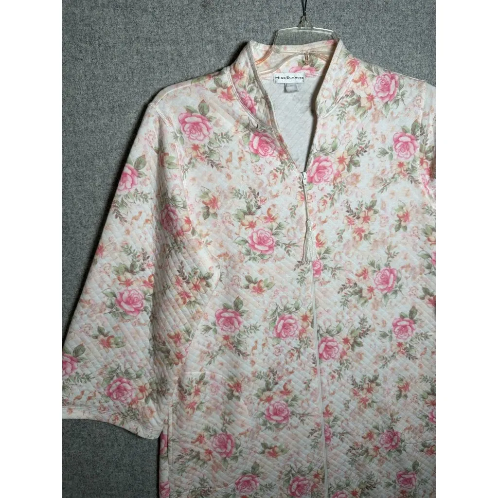 Miss Elaine Medium House Coat Robe Floral Womens Quilted Zip Pink White Womens - Image 2