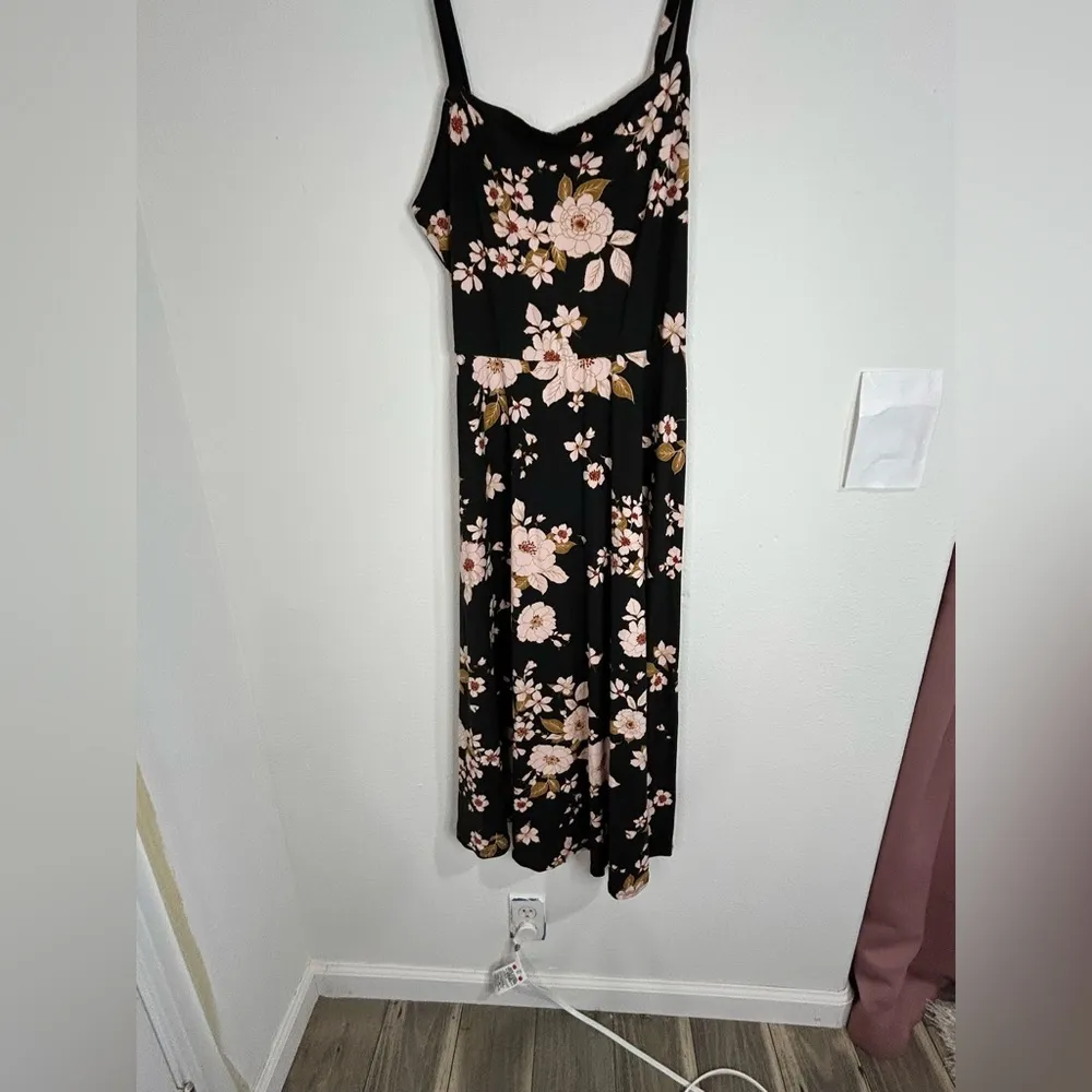 French Grey Floral Midi Dress Women’s Large Black Pink Sleeveless Casual Stretch - Image 3