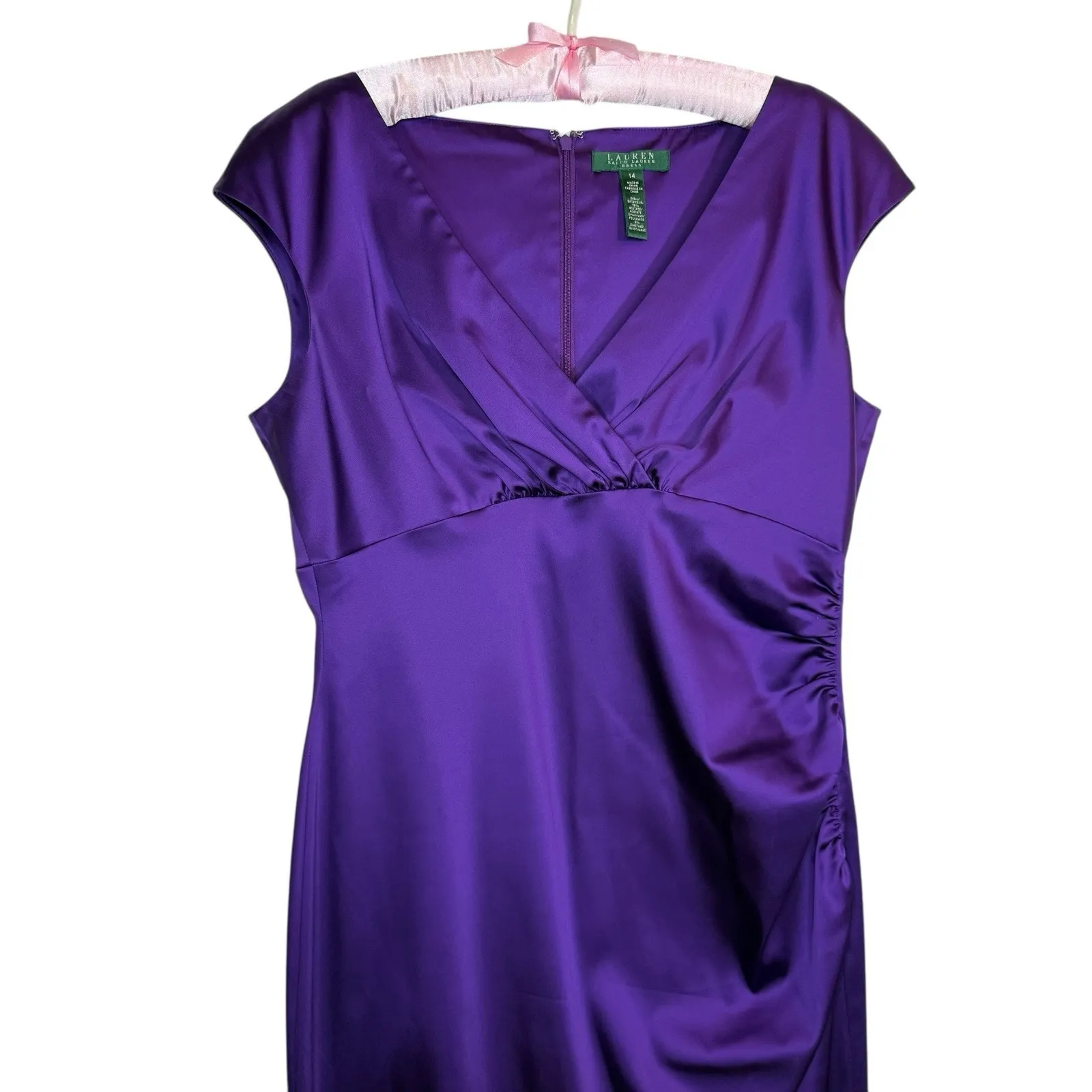 LRL‎ Ralph Lauren Sheath Dress 14 Stretch Satin Cocktail Faux Wrap Empire Waist - Image 2