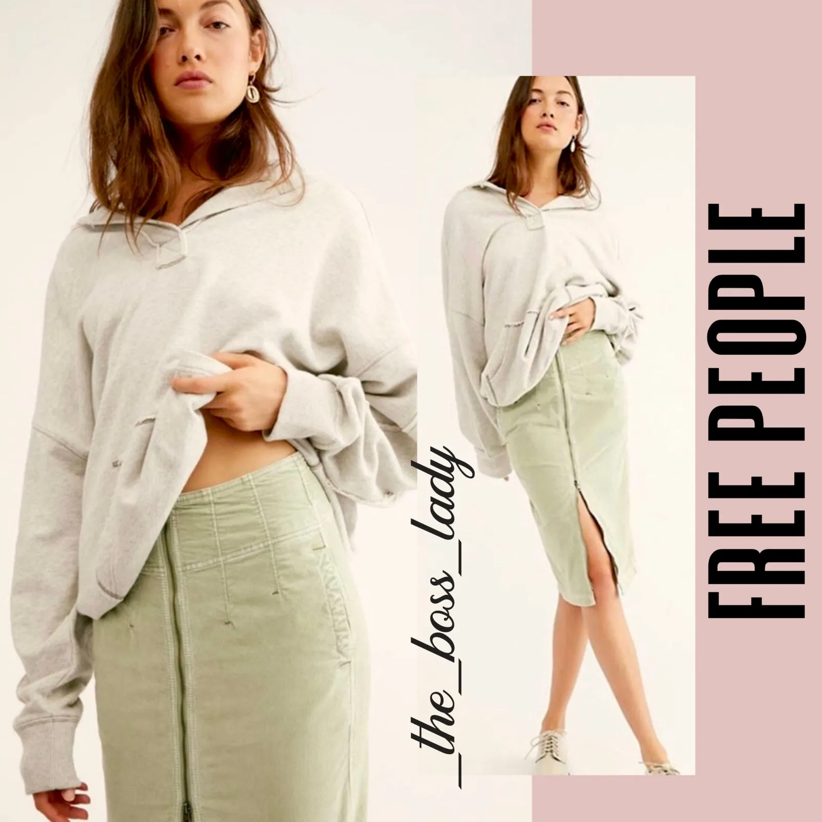 Free People skirt corduroy front zip midi high-waisted 26 cotton - Image 8