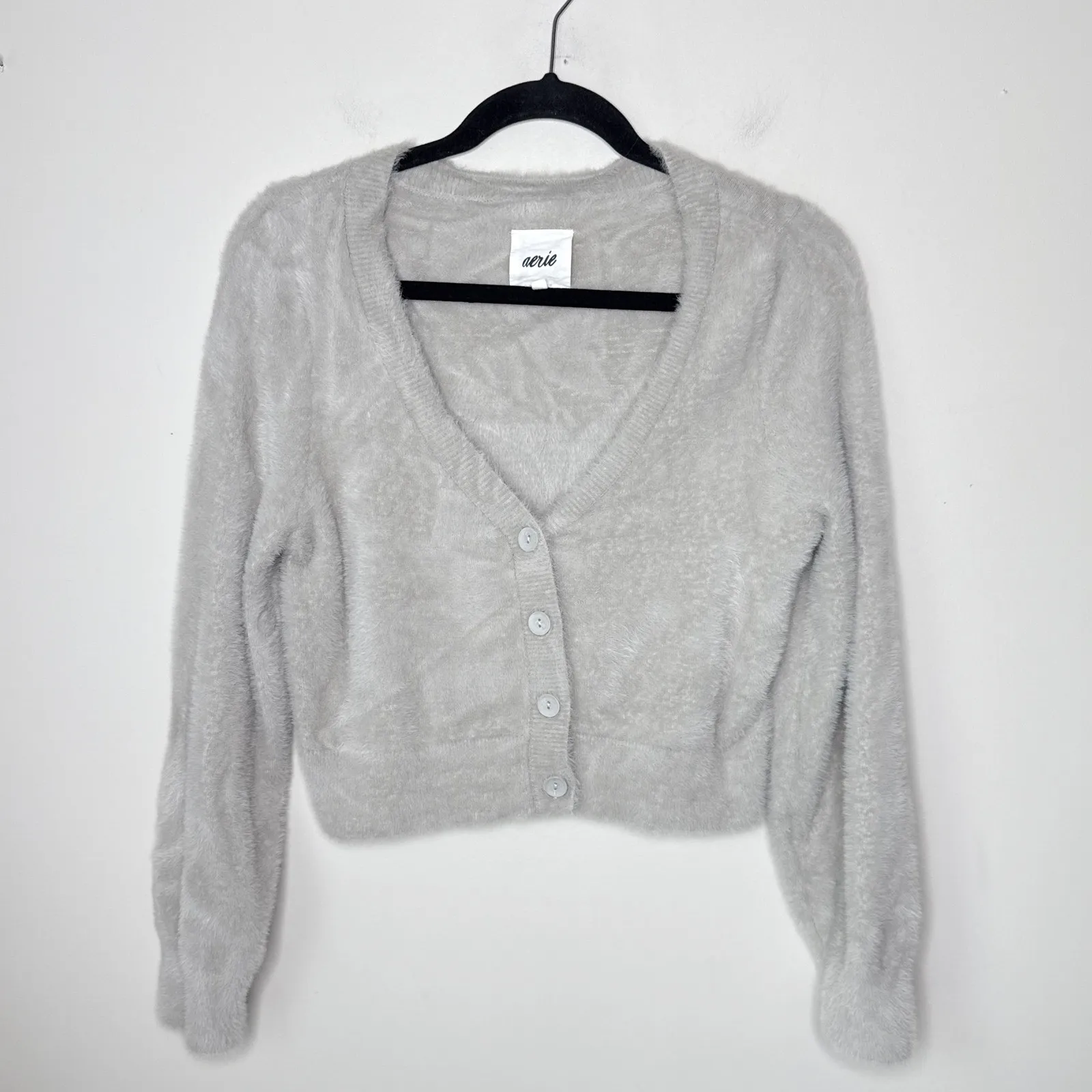 Aerie Fuzzy Cropped Cardigan Stone Deep V-Neck Button‎ Front Small Soft #2926 - Image 4