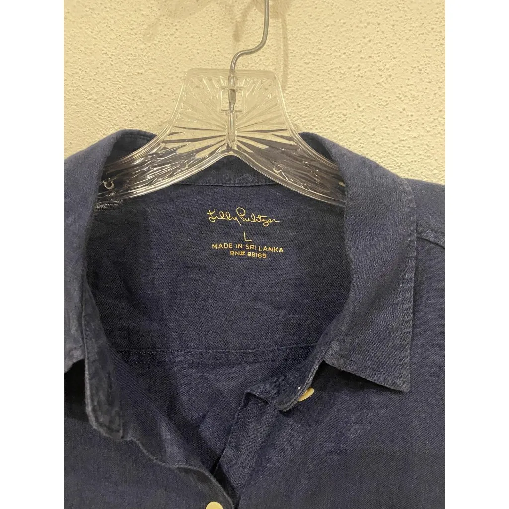 Lilly Pulitzer Shirt Womens Large Navy Blue Button Up Long Sleeve Pockets Casual - Image 3