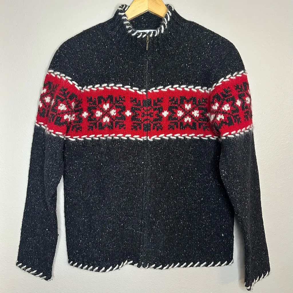Eagles Eye Vintage Lambswool Silk Fair Isle Full Zip Cardigan Turtleneck Sweater Black Size M - Image 5