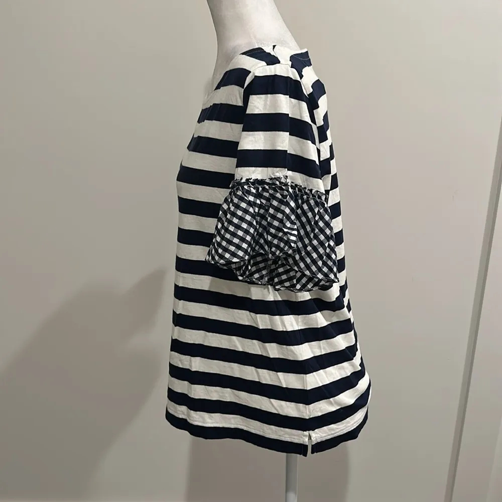 NWT JCrew Navy and White Striped With Gingham Sleeves Top Sz M - Image 5