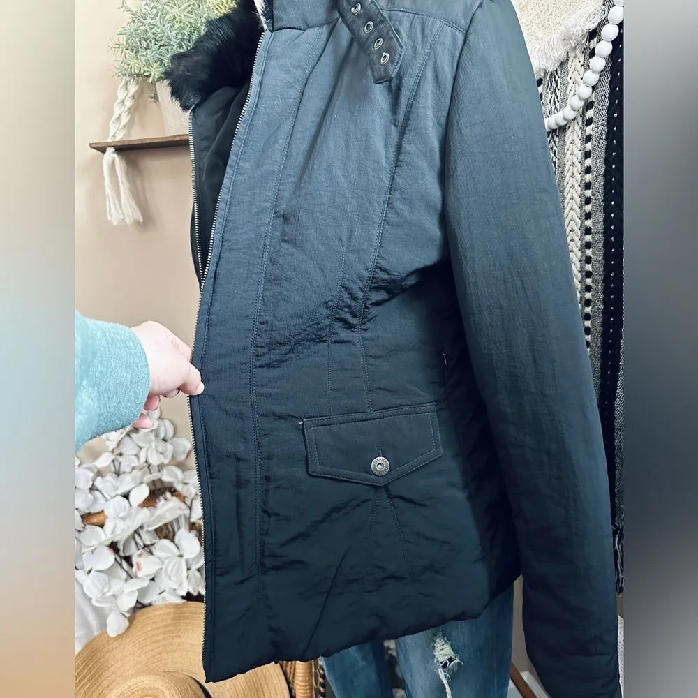 Via Spiga Y2K Black Fur Trim Grommet Belted Neckline Winter Coat Size M - Image 8