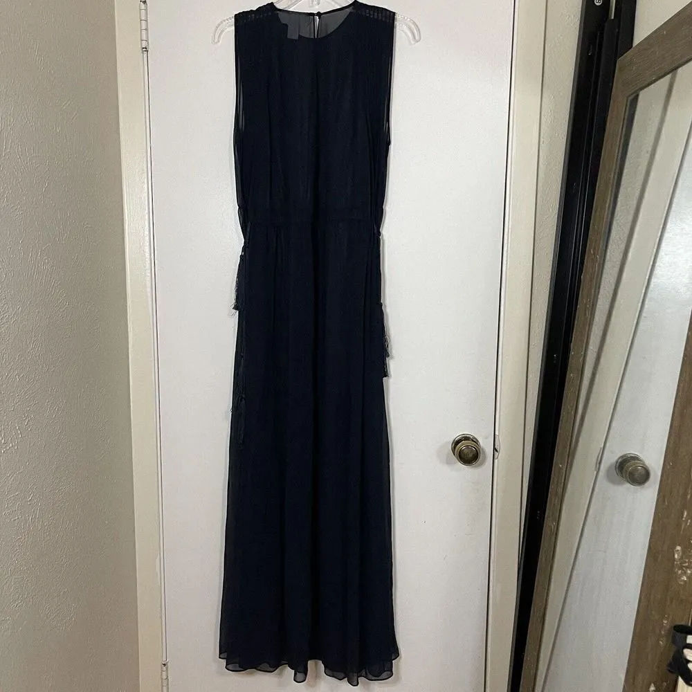 H&M Navy blue double side slit sheer maxi dress tie tassel cinch waist size 4 - Image 5