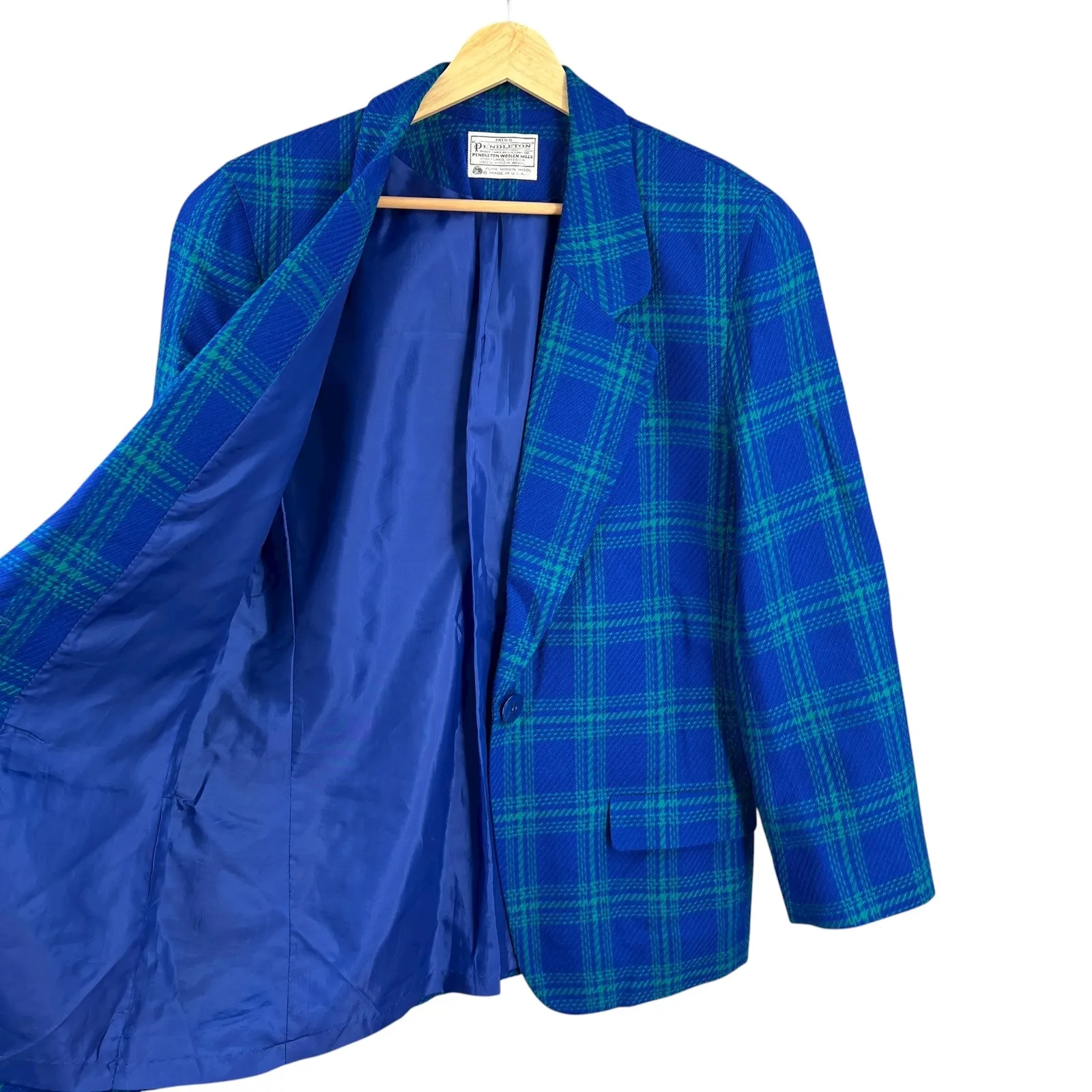 Vintage Pendleton Wool Blazer Plaid Blue Green One Button Preppy USA Womens 8 - Image 4