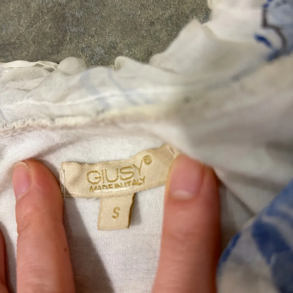 Guisy Made In Italy Top Sz S Women's White Blue Floral Silk Lined Cottagecore - Image 6