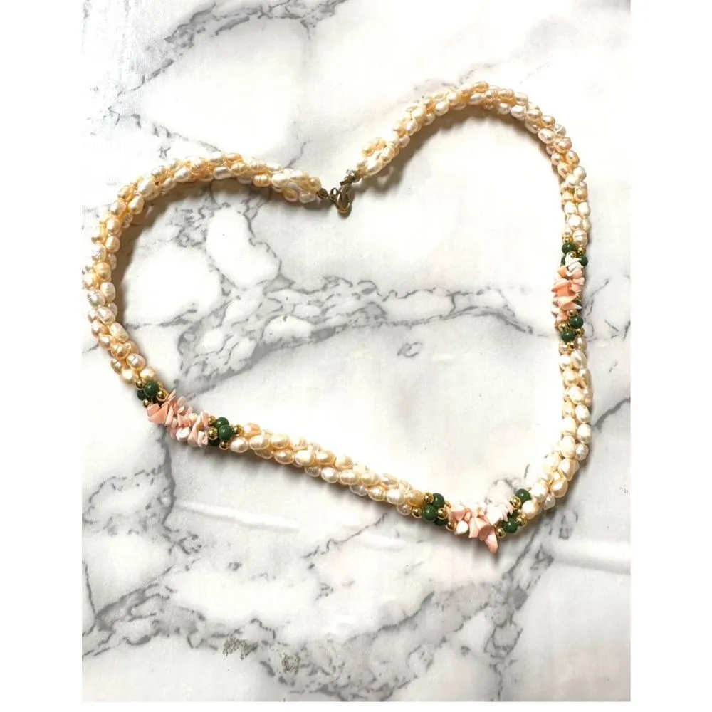 Freshwater rice Pearl and coral cluster three strand twist necklace - Image 5