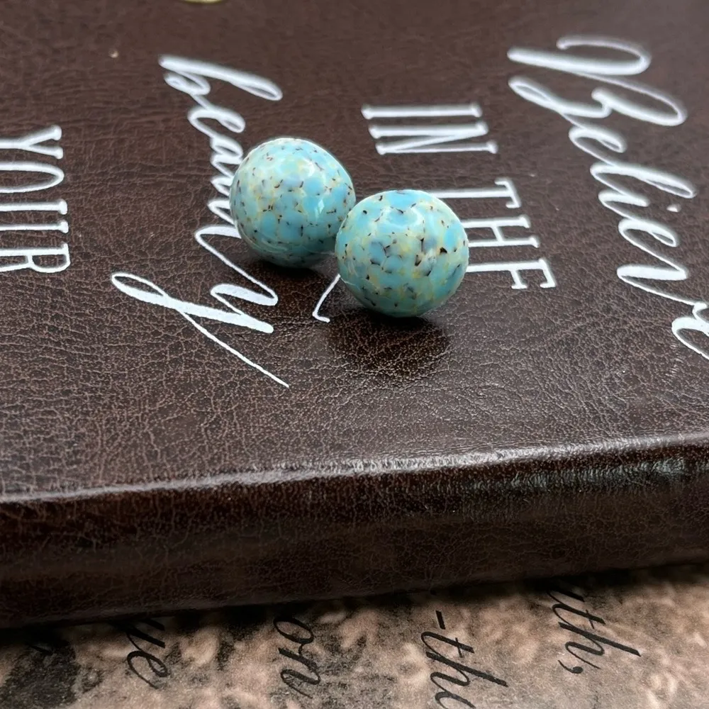 Vintage Cyan Sky Blue Speckled Round Resin Stainless Steel Cabochon Earrings - Image 3