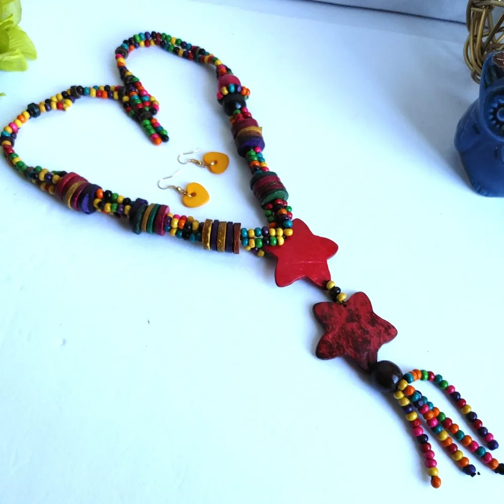 Colorful Wood Bead Necklace Set Red - Image 5
