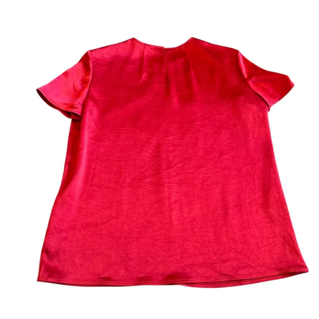 Theory Bold Red Satin Short Sleeve Blouse Shirt Top Crew Neck Classic Size Small - Image 7