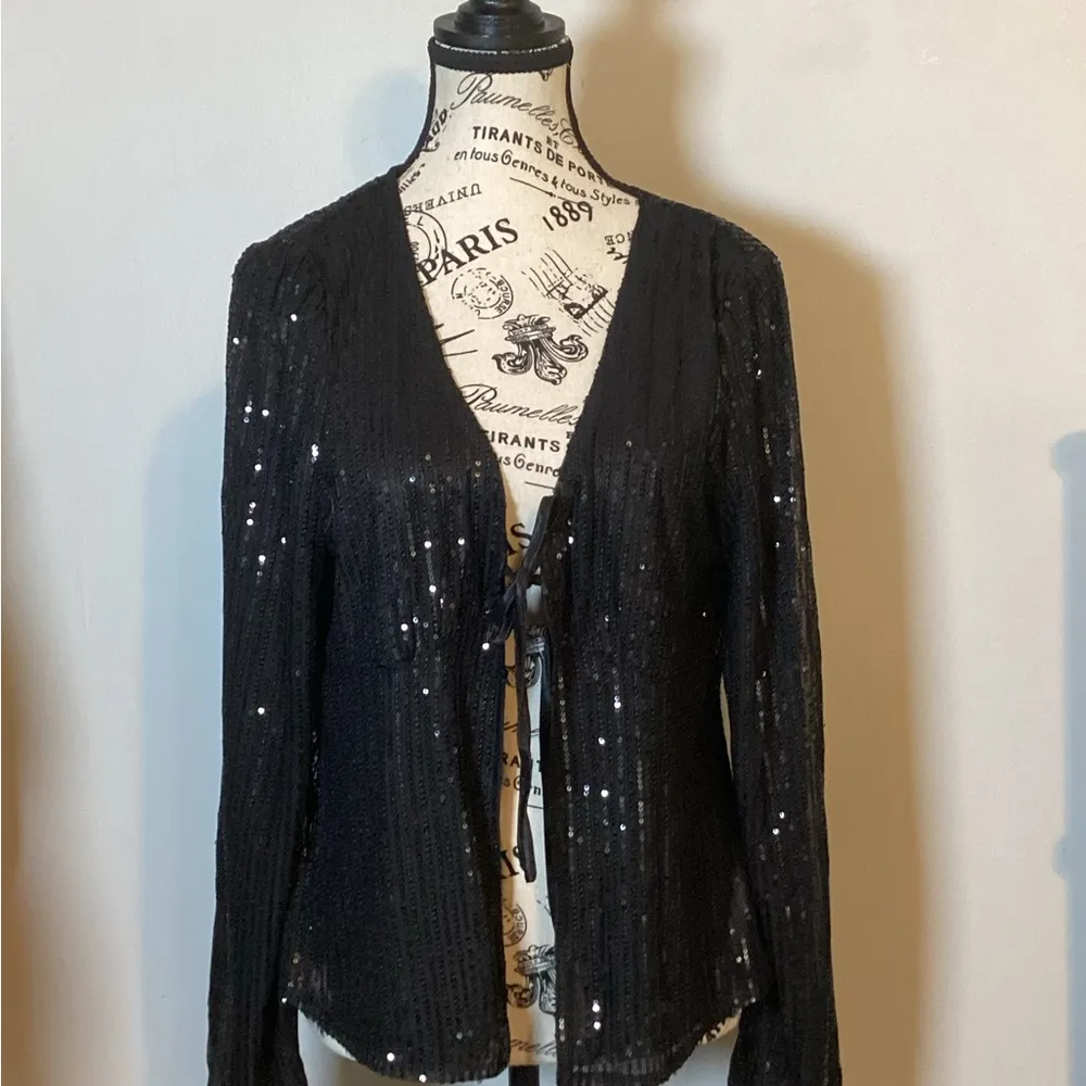 🩷NWT🩷 WOMENS BLACK SEQUINED LONG SLEEVE EVENING TIE FRONT COVER UP SZ XXL - Image 4