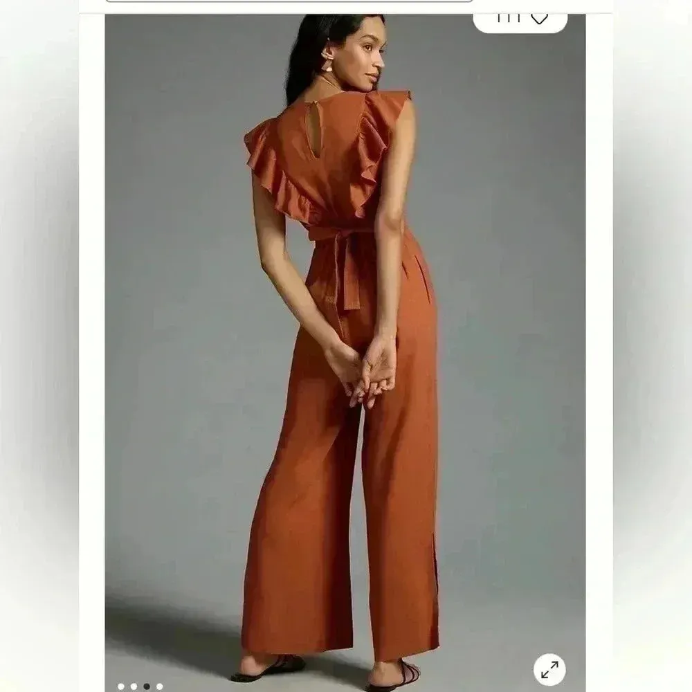 NWT Anthropologie V-Neck Ruffle Jumpsuit Orange Sz LP - Image 3