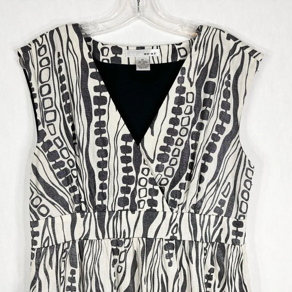 WDNY Size 10 Dress Linen V Neck Sleeveless A Line Silver White Metallic Knee 982 - Image 3