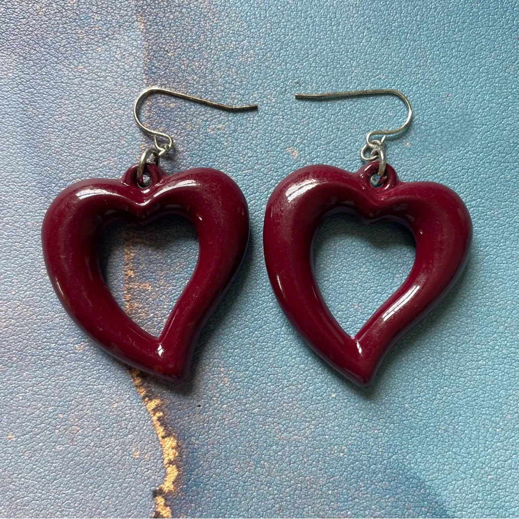 Retro Heart Shaped Earrings Burgundy‎ Red Mod Dangle Y2K 90s Vintage Jewelry Purple - Image 3
