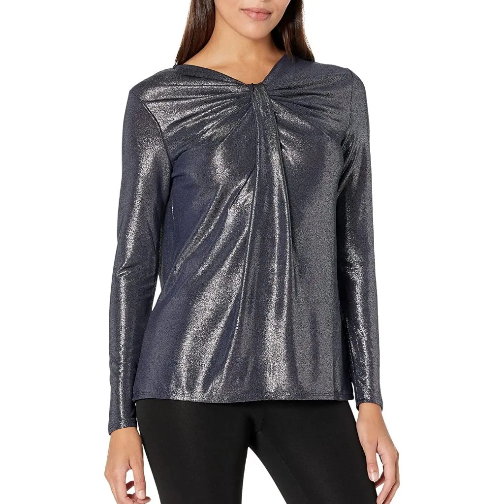 NWT H Halston  Long Sleeve Raglan Gathered Neck Pullover Silver Evening - Image 5