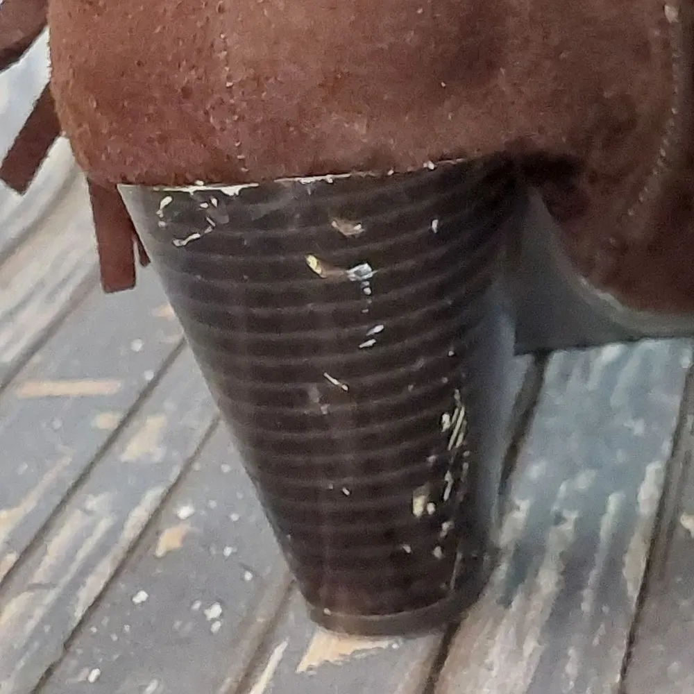 Cato Size 8 Side Zip Ankle Boots Block Heel Booties Brown Faux Suede Fringe - Image 12