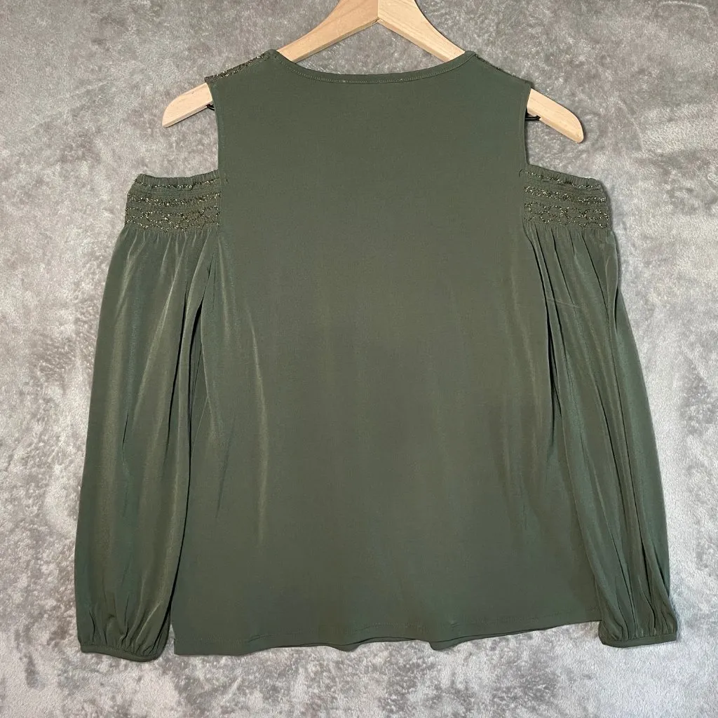 Woman Michael Kors Metallic Thread Cold Shoulder Blouse Size S Long Sleeve Green - Image 2