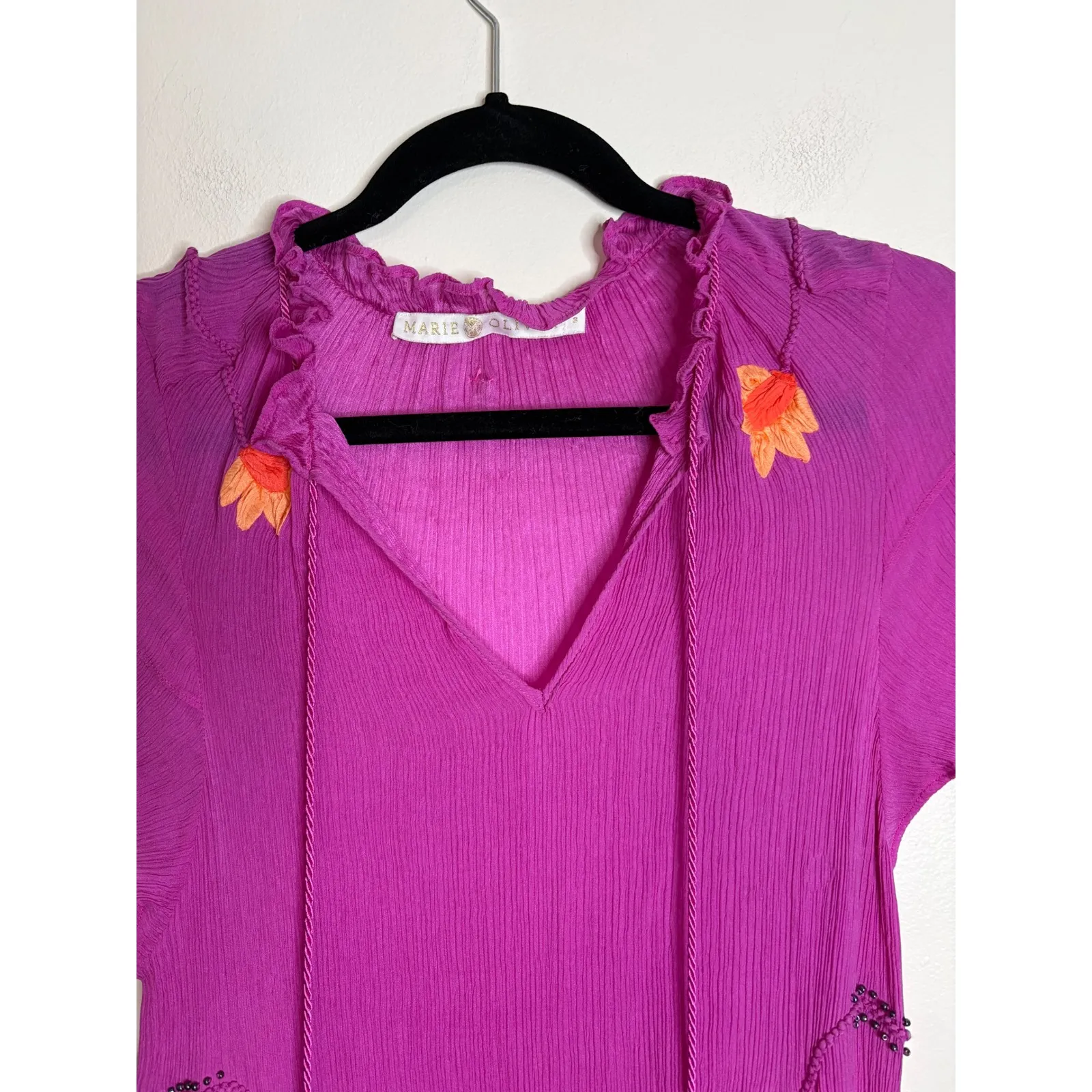 Marie Oliver Silk Magenta Embroidered Tassel Maxi Dress Boho - Image 4