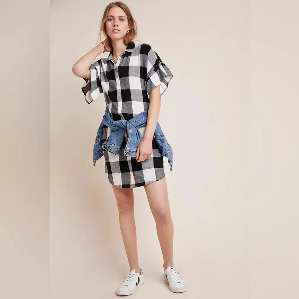 Anthropologie The Odells Black White Check Plaid Linen Dolly Shirtdress Size S - Image 3