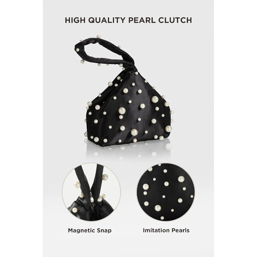 ⚡Women's Black White Satin Fabric Triangle Pearl Wedding Prom Party Clutch Bag - Image 4