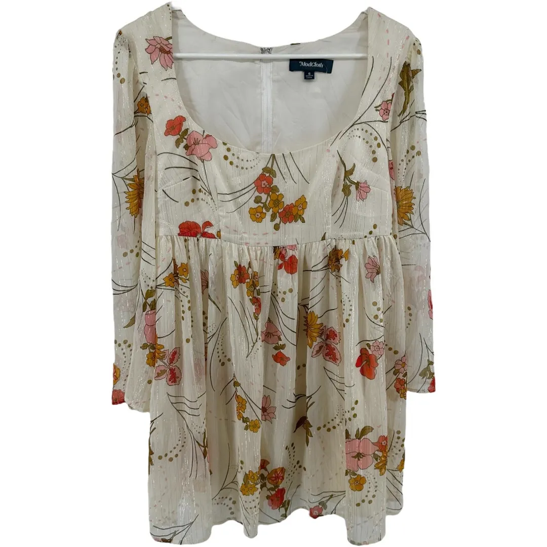 Modcloth Sweet Sixties Dress Babydoll Fit Flare Bell Empire Floral Cream 6 - Image 2
