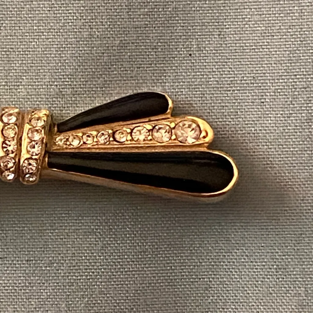 Bow Brooch Pin Gold & Black With Clear Rhinestones Vintage 2” W X .75” H - Image 2