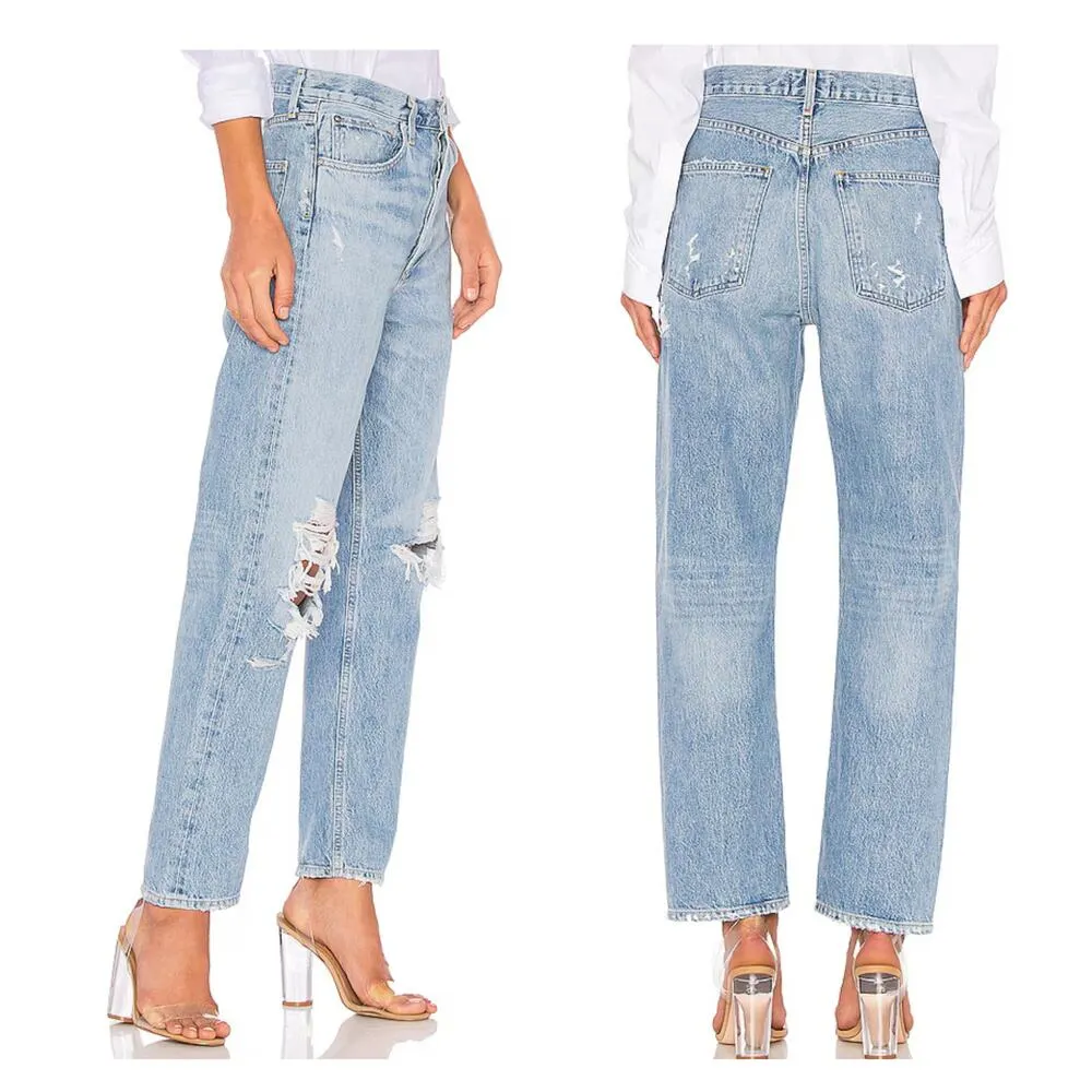 Agolde - 90's Mid Rise Loose Fit Distressed Ripped Straight Leg Jeans in Blue - Image 6