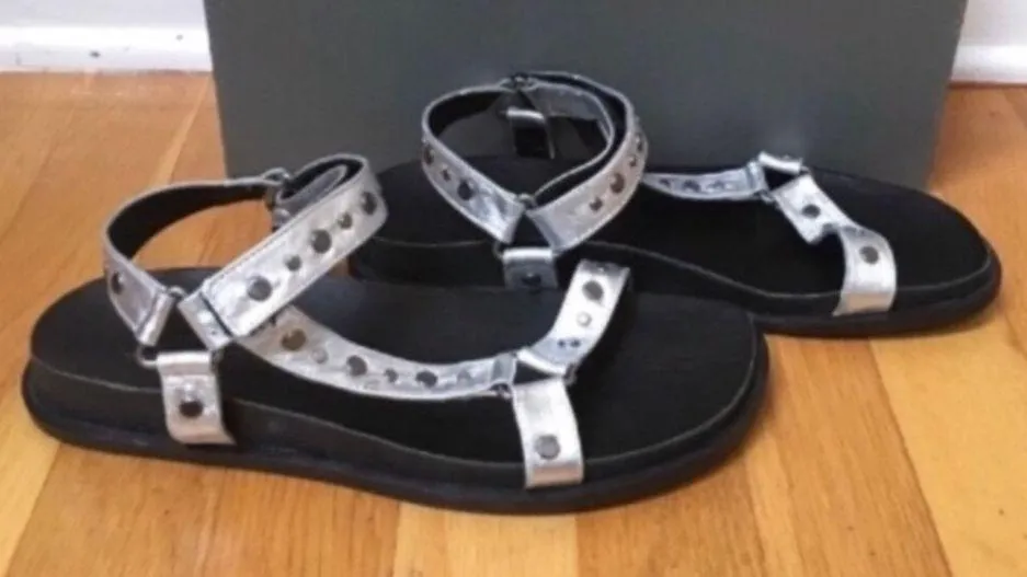 L ‘Veda’ Silver Leather Studded Ankle Strap Wedge Sandals - Size 8.5M - Image 3