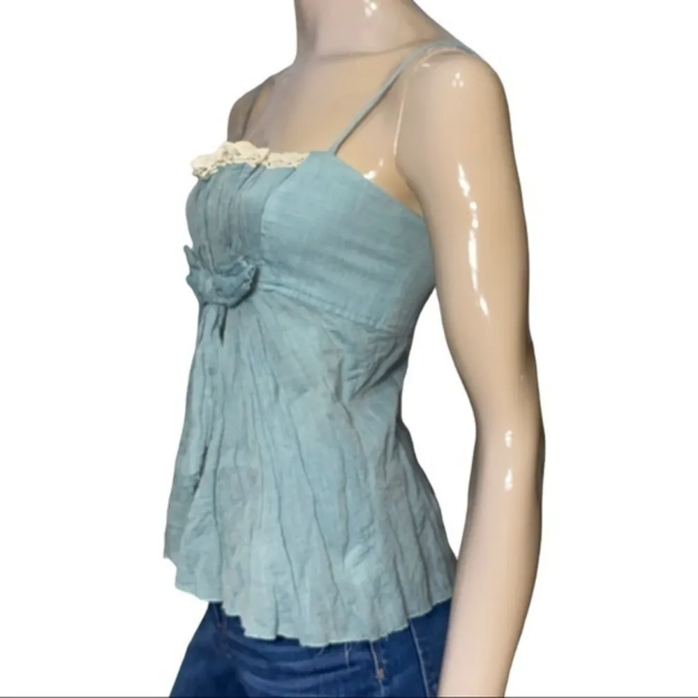 Robert Rodriguez Women’s Size 4 Blue Cotton Lace Bow Front Spaghetti Strap Top - Image 3