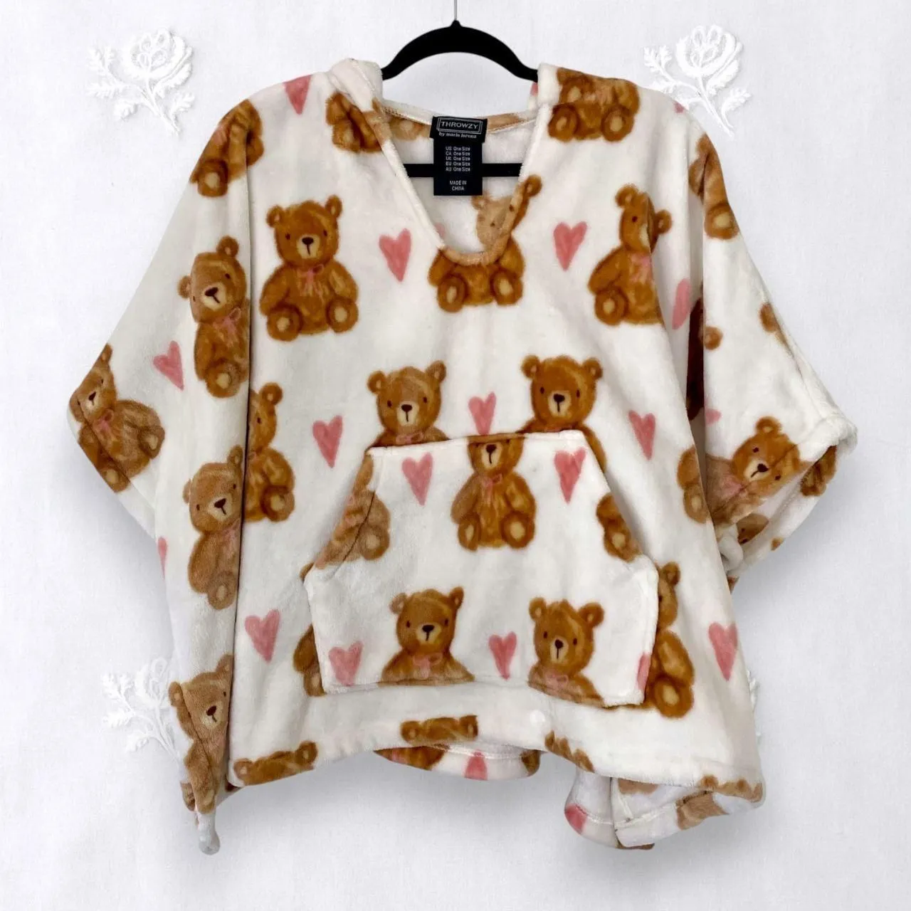 Throwzy Fuzzy Soft White Brown Pink Teddy Blanket Sweater Poncho One Size OS - Image 2