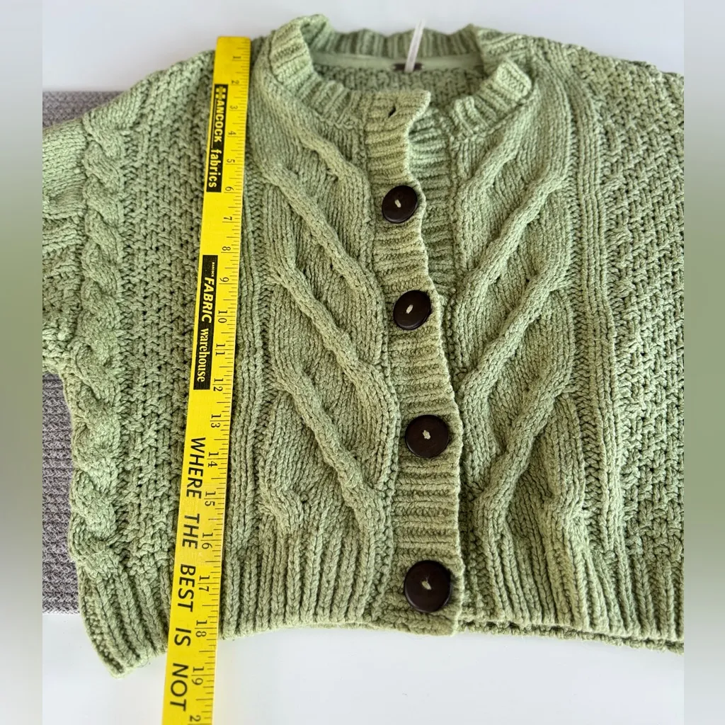 Free People Sage Green Bonfire Chunky Cableknit Cotton Crop Cardigan Small RARE - Image 10