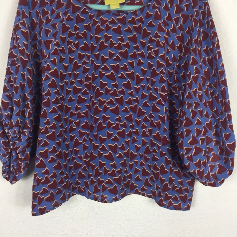 Anthropologie Maeve Silk Heart Blouse Small Dolman Sleeve Blue Red Lightweight - Image 12