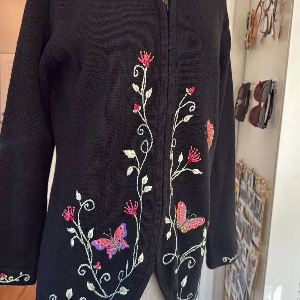 Storybook knits butterfly garden embroidered zip up cardigan Black - Image 9