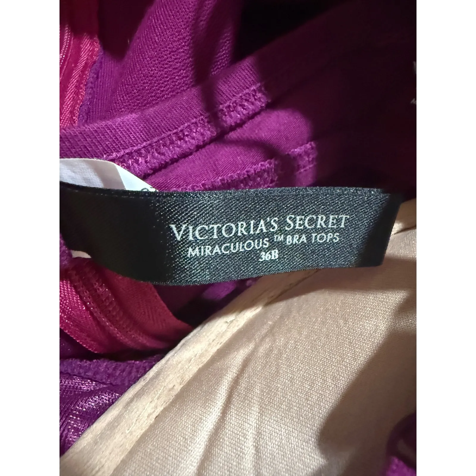 Victorias Secret Miraculous Bra Top Magenta Purple Lace Trim Built in bra 36B - Image 5