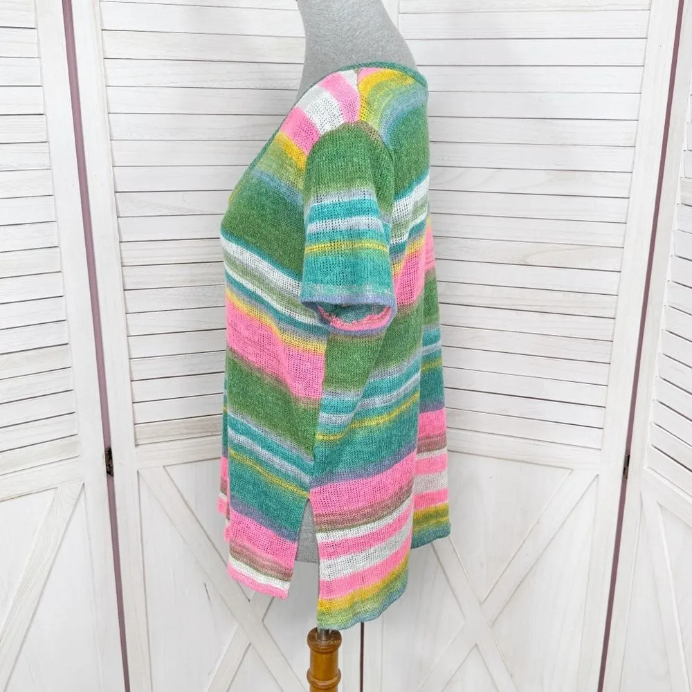 Cherish Striped‎ Mesh Knit V Neck Short Sleeve Tee Shirt Green Pink Small - Image 2