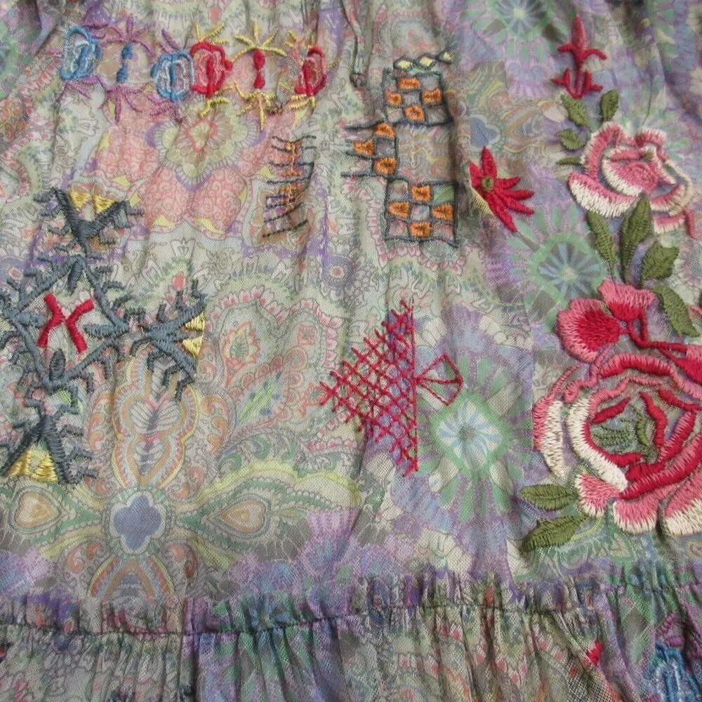 NWT BIYA Johnny Was Wilde Sheer Printed Mesh Shift Embroidered Dress w/ Slip M - Image 4